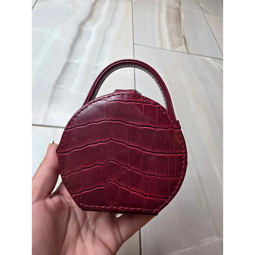 Vintage Burgundy Croc Embossed Round Jewelry Travel Case with‎ Mirror A5